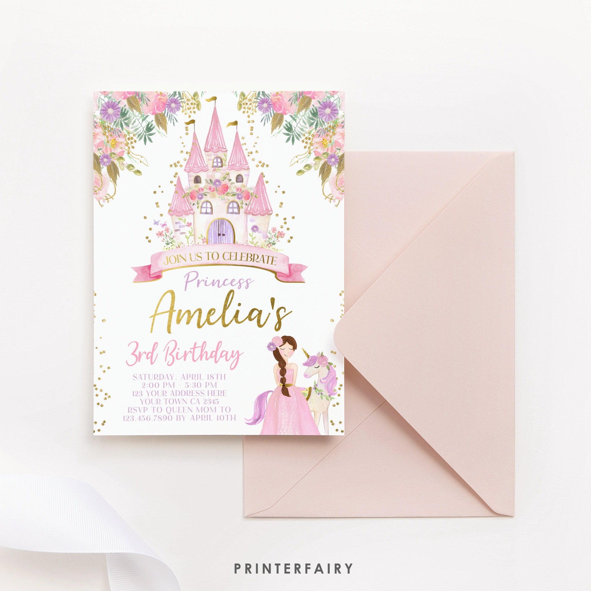 Editable Princess Birthday Invitation, Castle Party (Digital Download)
