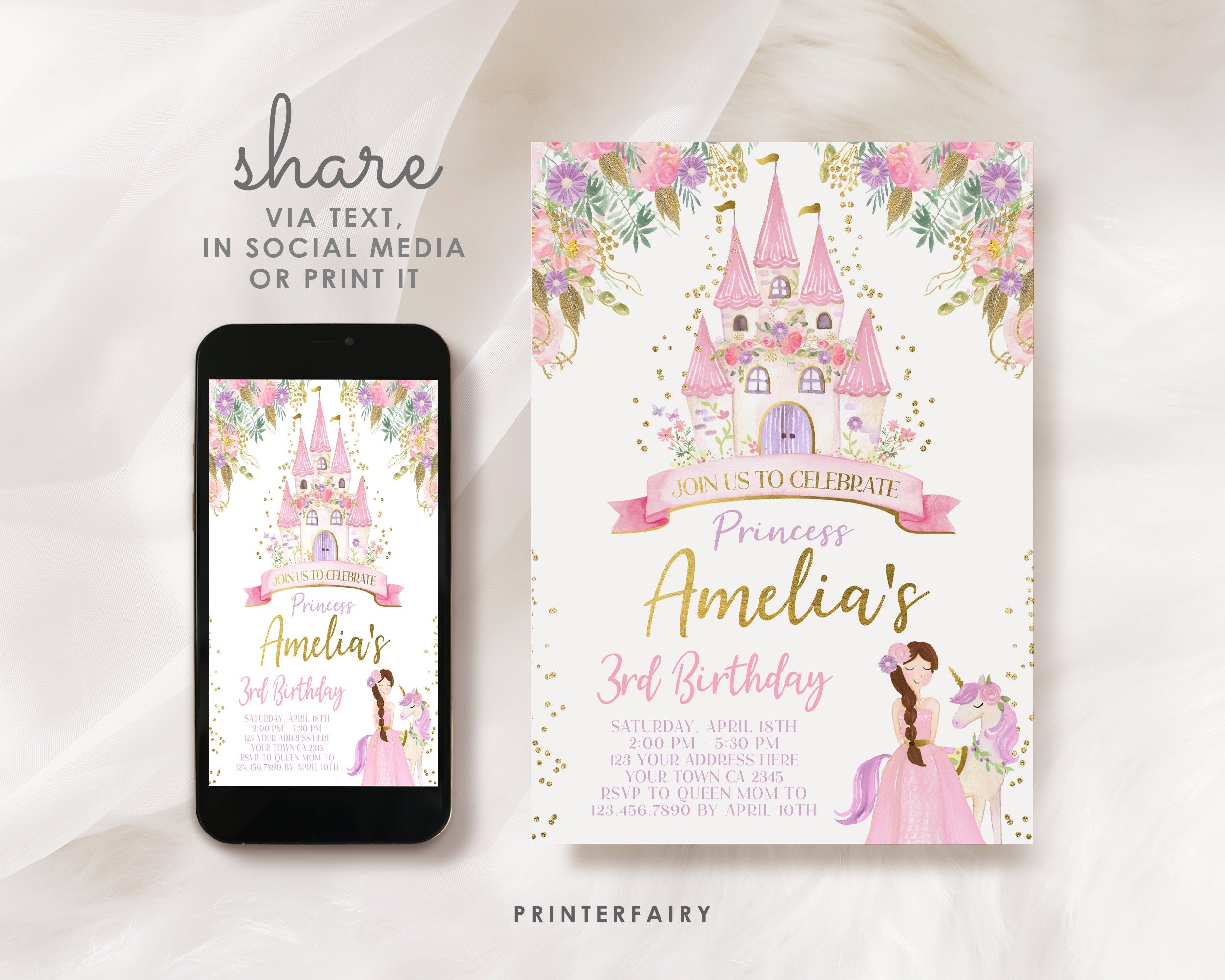Editable Princess Birthday Invitation, Castle Party (Digital Download)