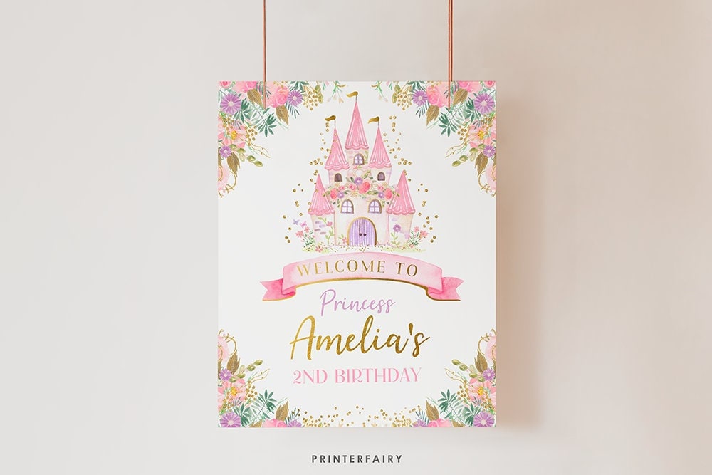 Editable Princess Birthday Welcome Sign, Floral Castle (Instant Download)