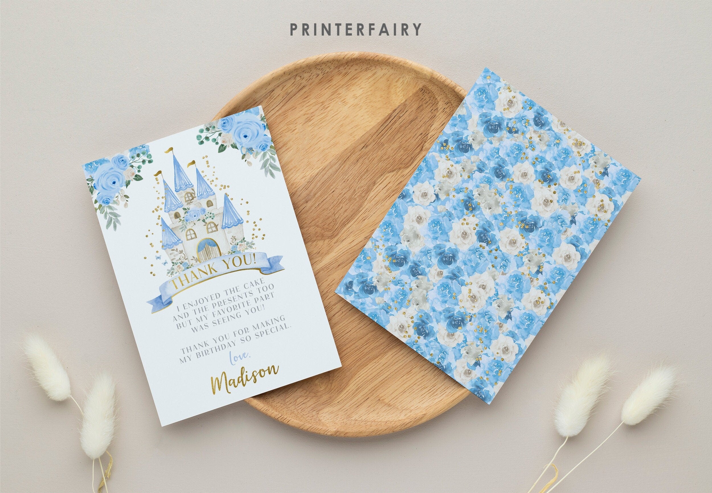 Blue Princess Castle Thank You Card, Editable Birthday Party (Digital)