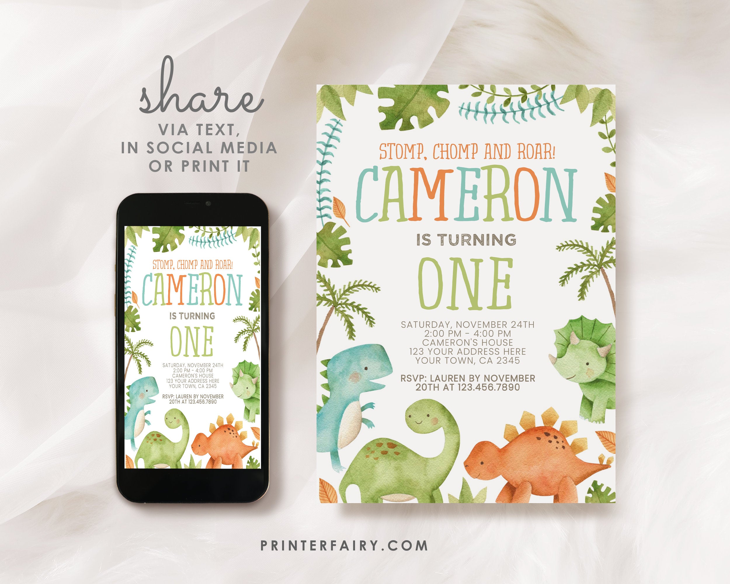 Editable Dinosaur Birthday Invitation, Watercolor Dinosaurs (Digital Download)