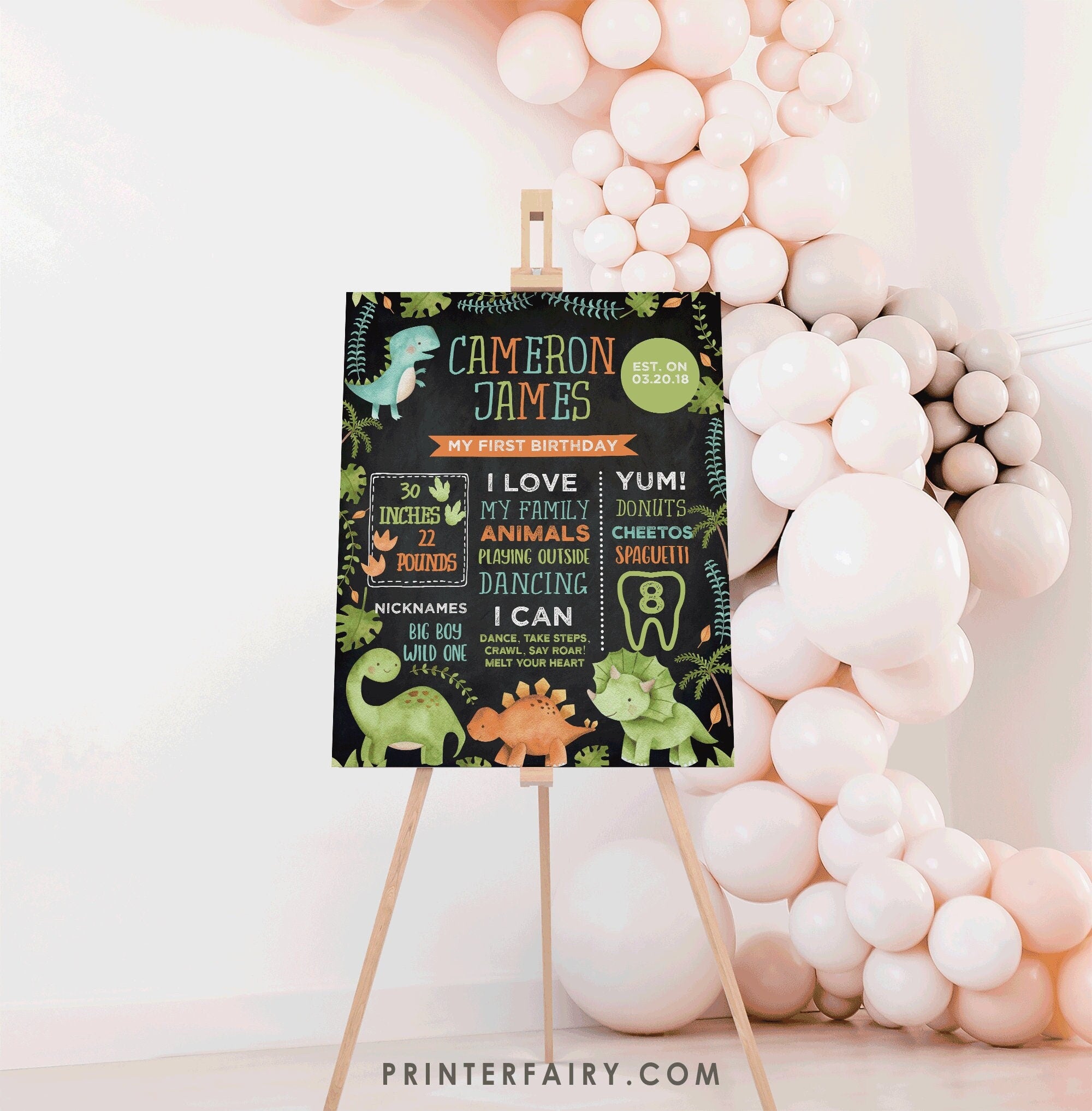 Dinosaur First Birthday Milestones Board, Editable Template (Digital Instant Download)