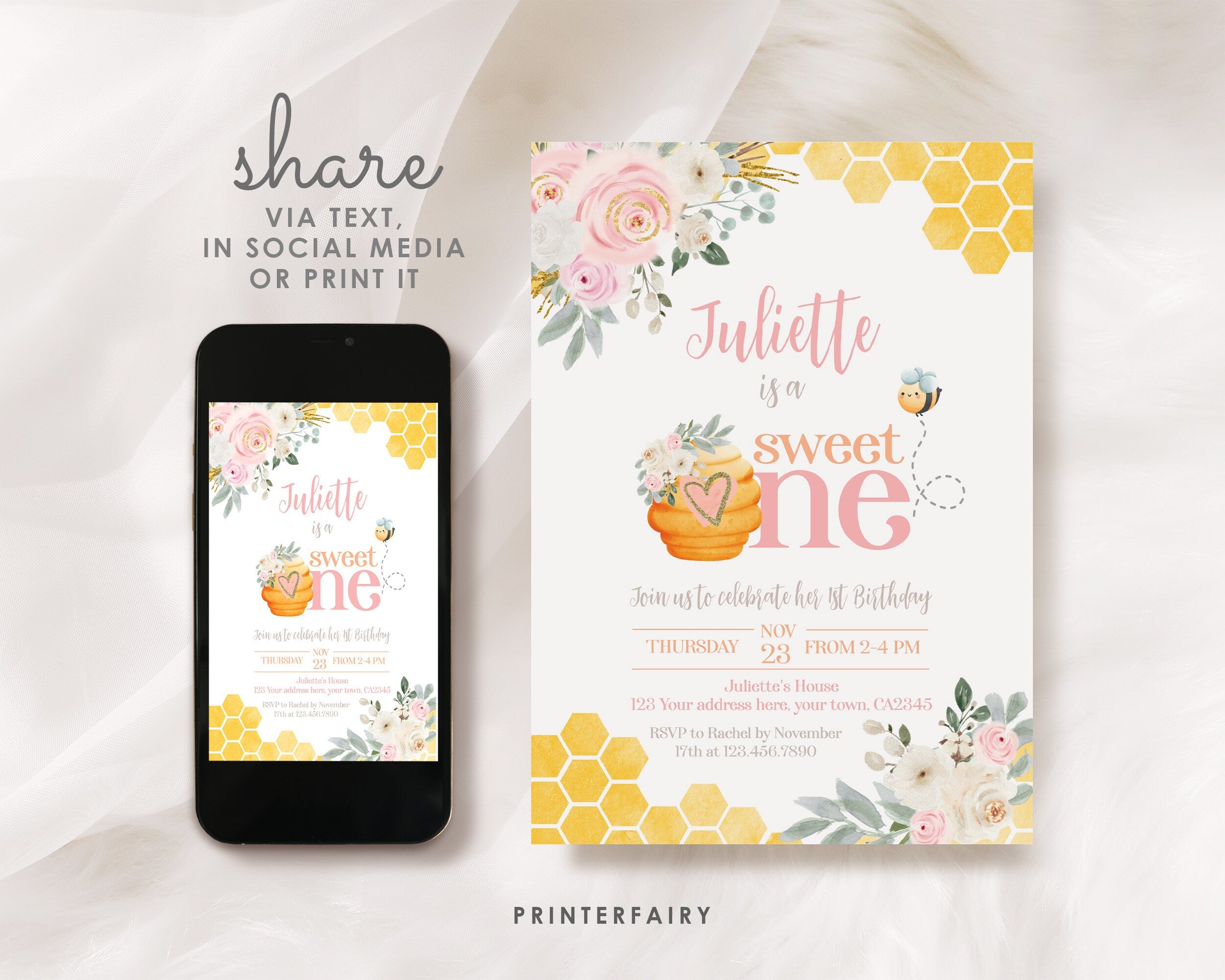 Bee First Birthday Invitation, Sweet One Honeycomb (Digital Download)