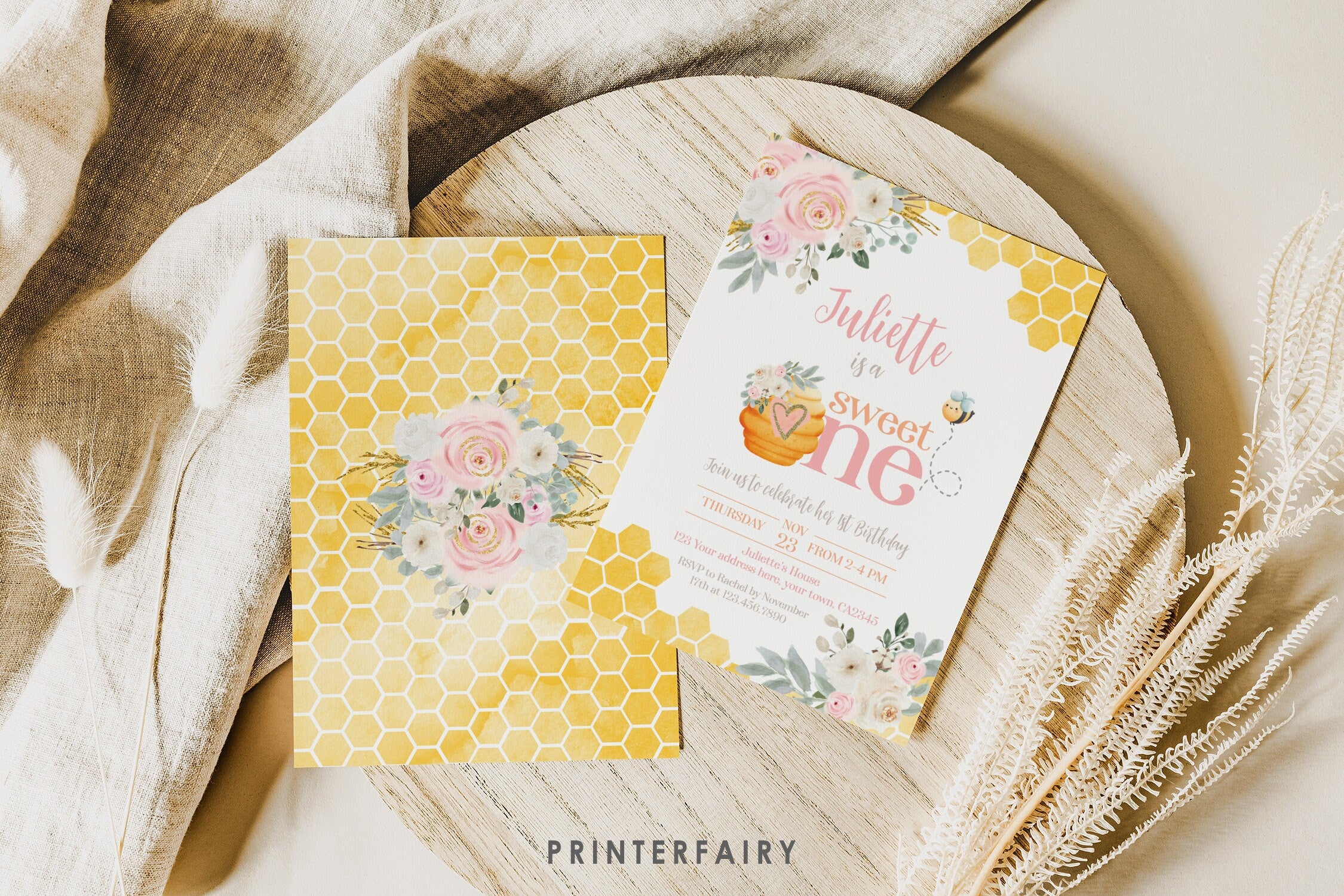 Bee First Birthday Invitation, Sweet One Honeycomb (Digital Download)