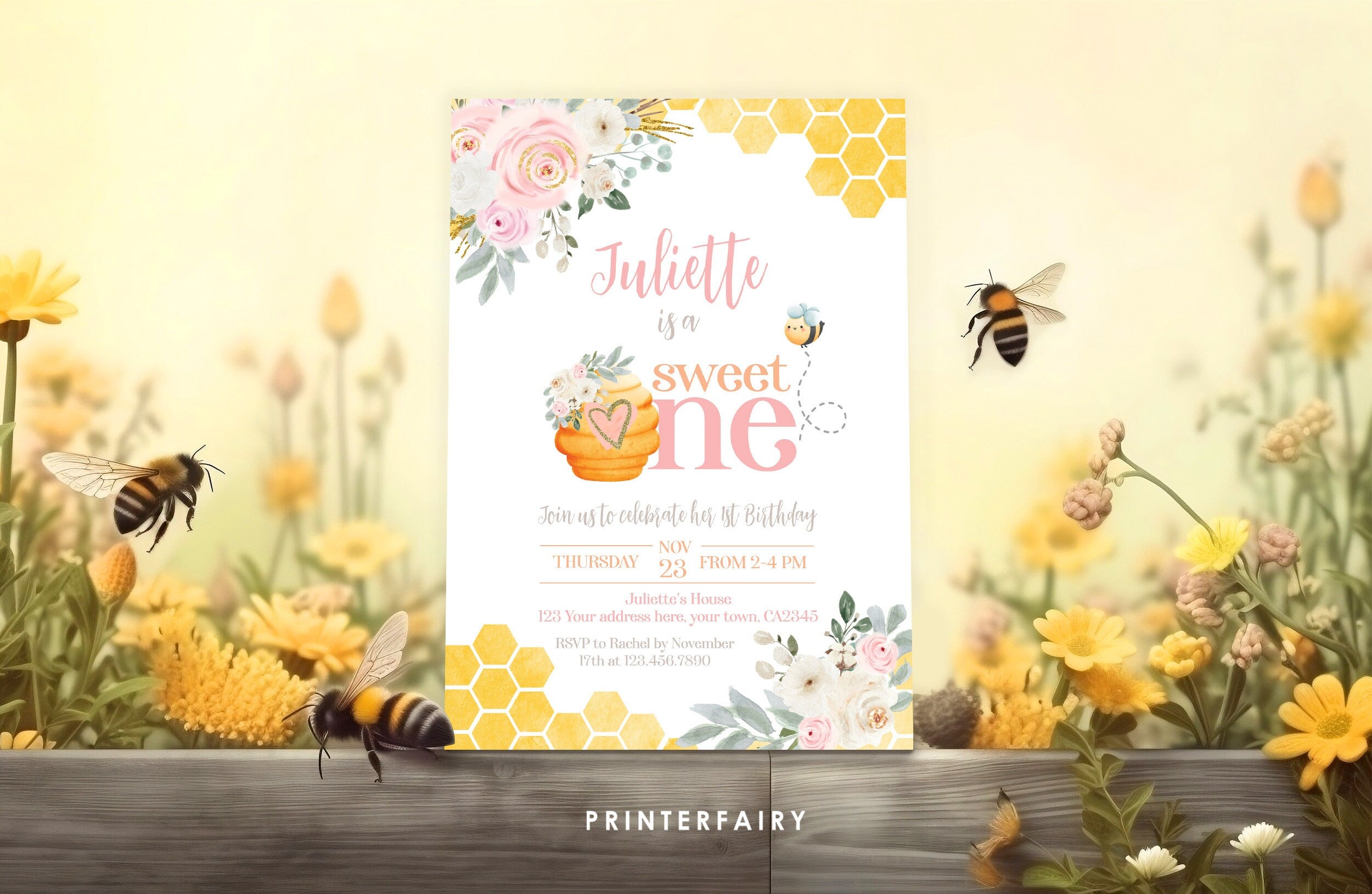 Bee First Birthday Invitation, Sweet One Honeycomb (Digital Download)