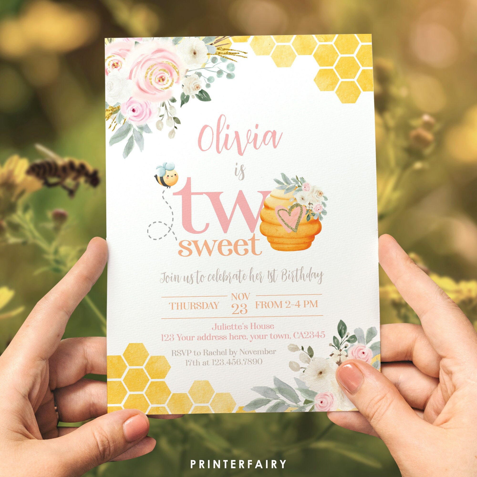 Two Sweet Bee Birthday Invitation, Honeycomb, Editable (Corjl)