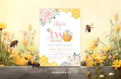Two Sweet Bee Birthday Invitation, Honeycomb, Editable (Corjl)