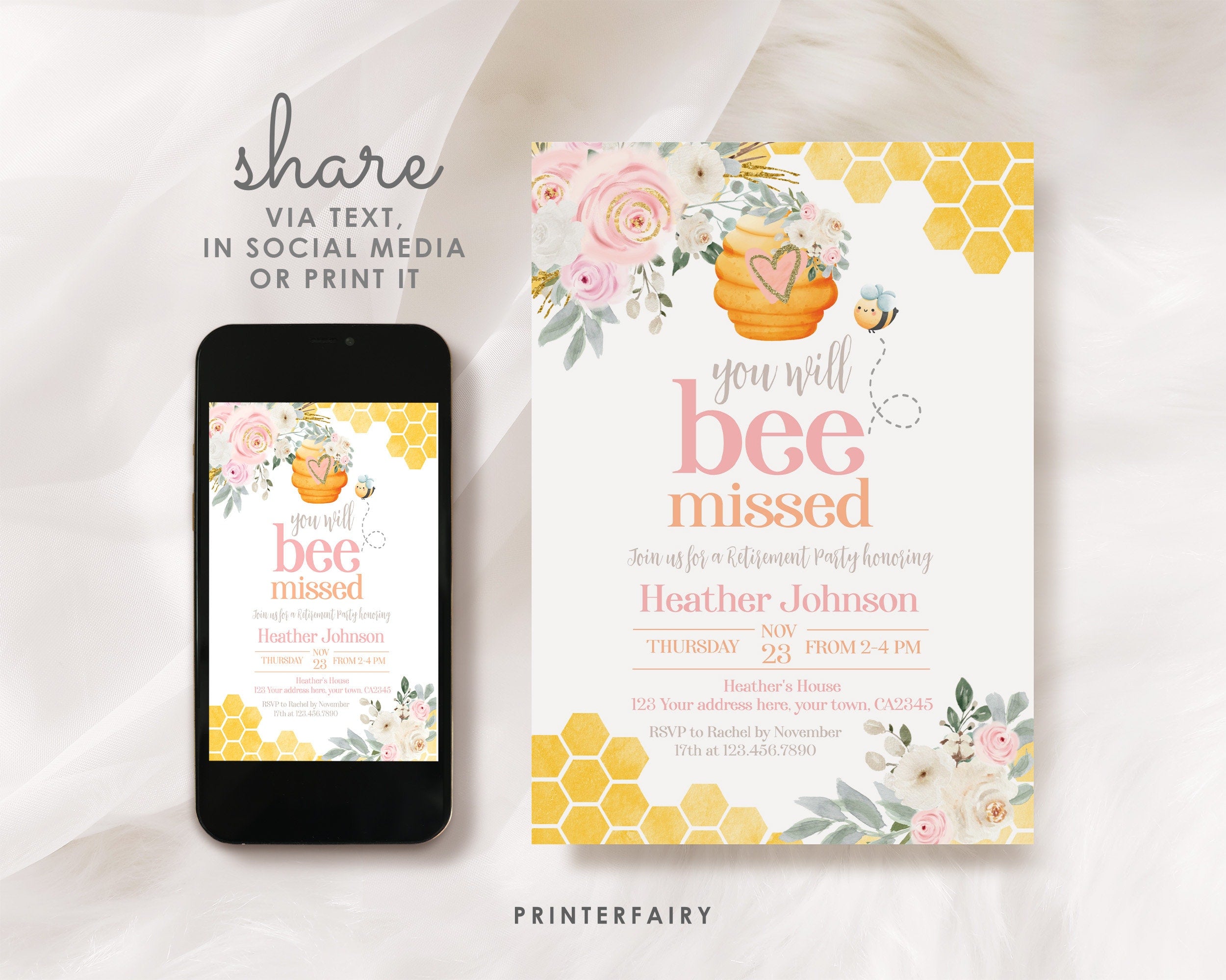Bee Retirement Party Invitation EDITABLE Template, "You Will Bee Missed" Theme, Instant Download