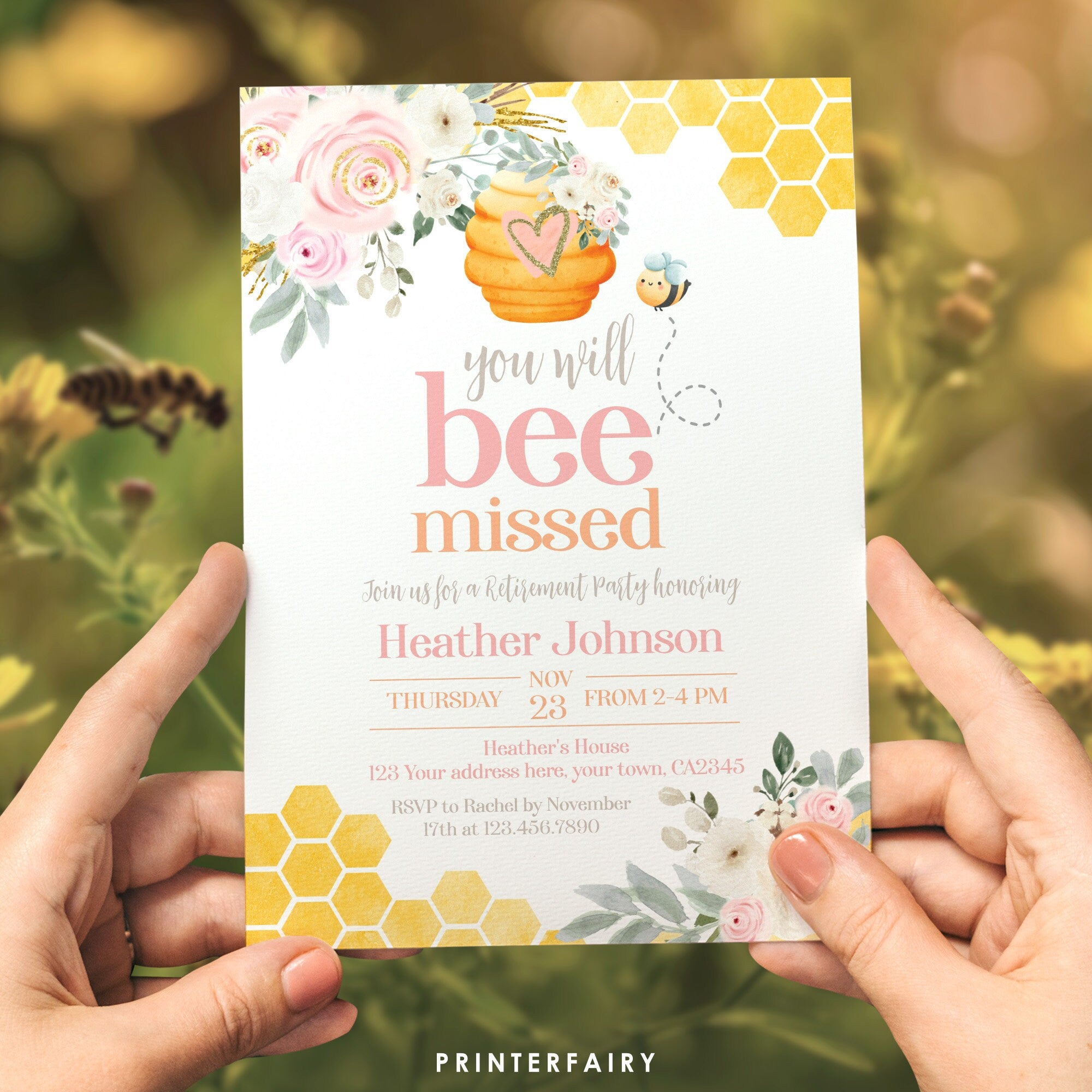 Bee Retirement Party Invitation EDITABLE Template, "You Will Bee Missed" Theme, Instant Download