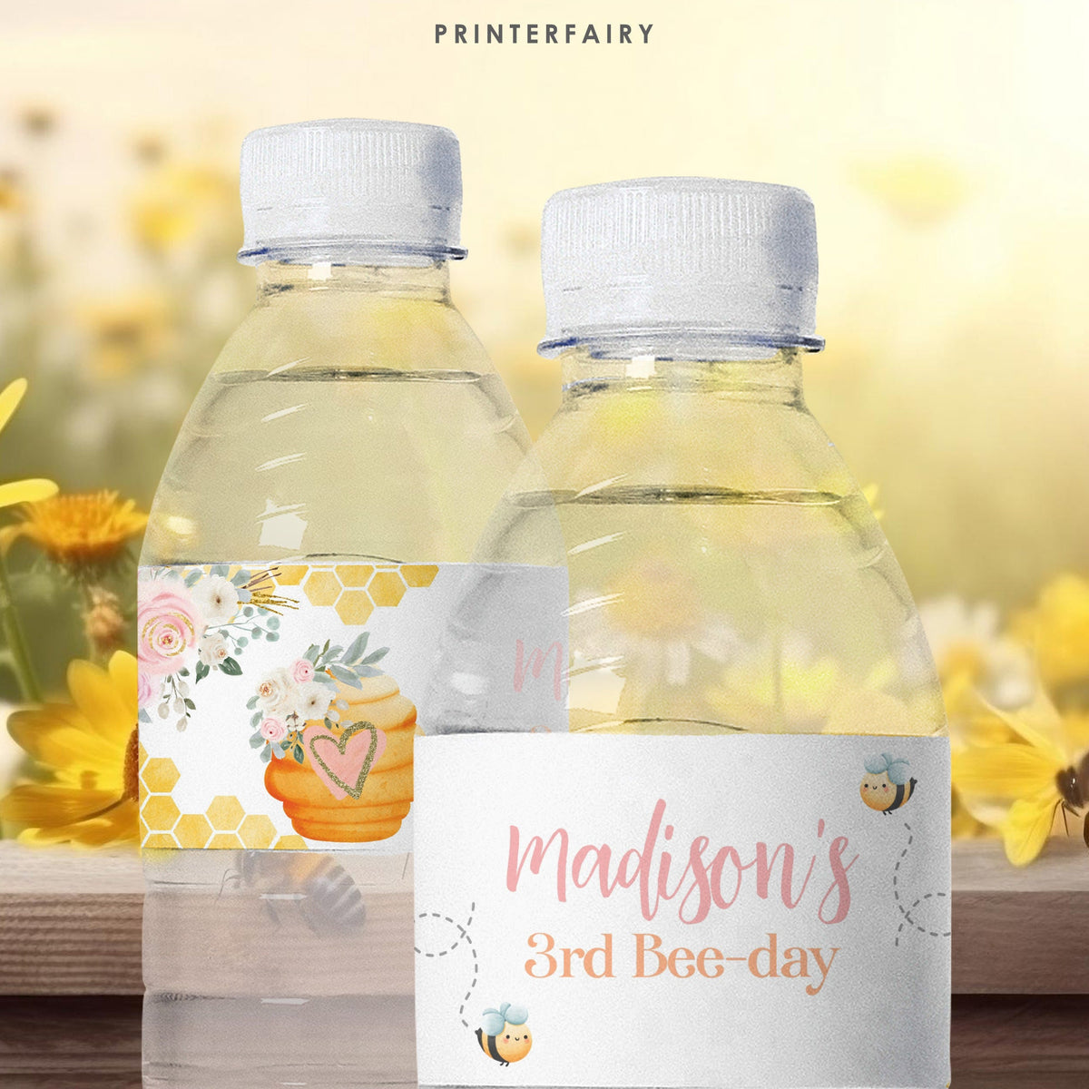 Editable Bee Water Bottle Label, Honeycomb Birthday Party (Digital Download)