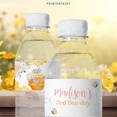 Editable Bee Water Bottle Label, Honeycomb Birthday Party (Digital Download)