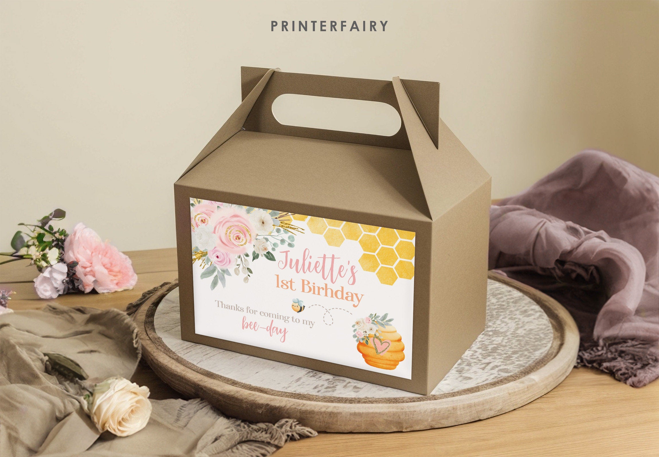 Bee 1st Birthday Gable Box Label, Editable Honeycomb Party Favor (Digital Download)