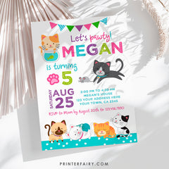 Editable Kitty Cat Birthday Invitation, Pawty (Instant Download)