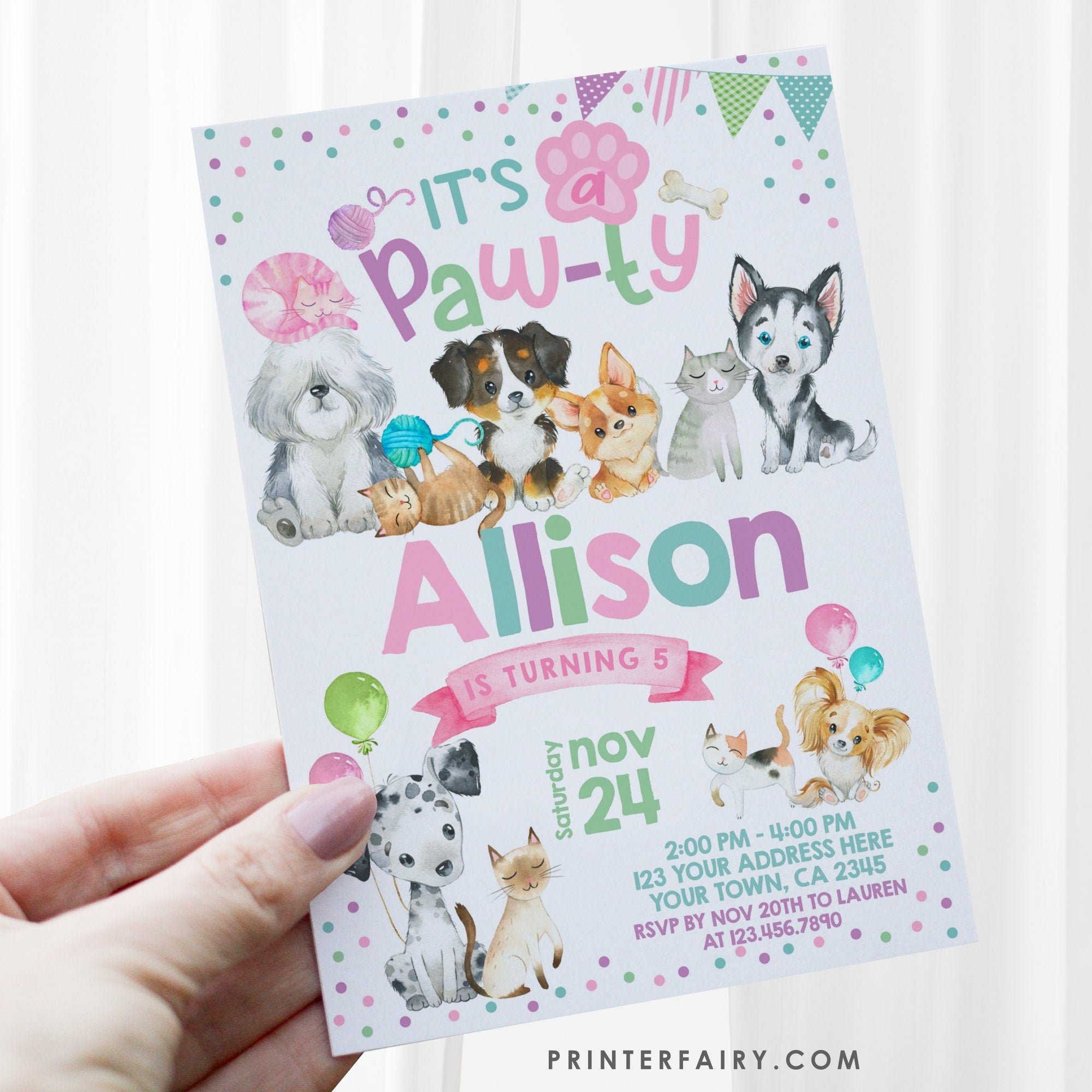 Puppies & Kitties Pawty Invitation, Pet Birthday (INSTANT DOWNLOAD)