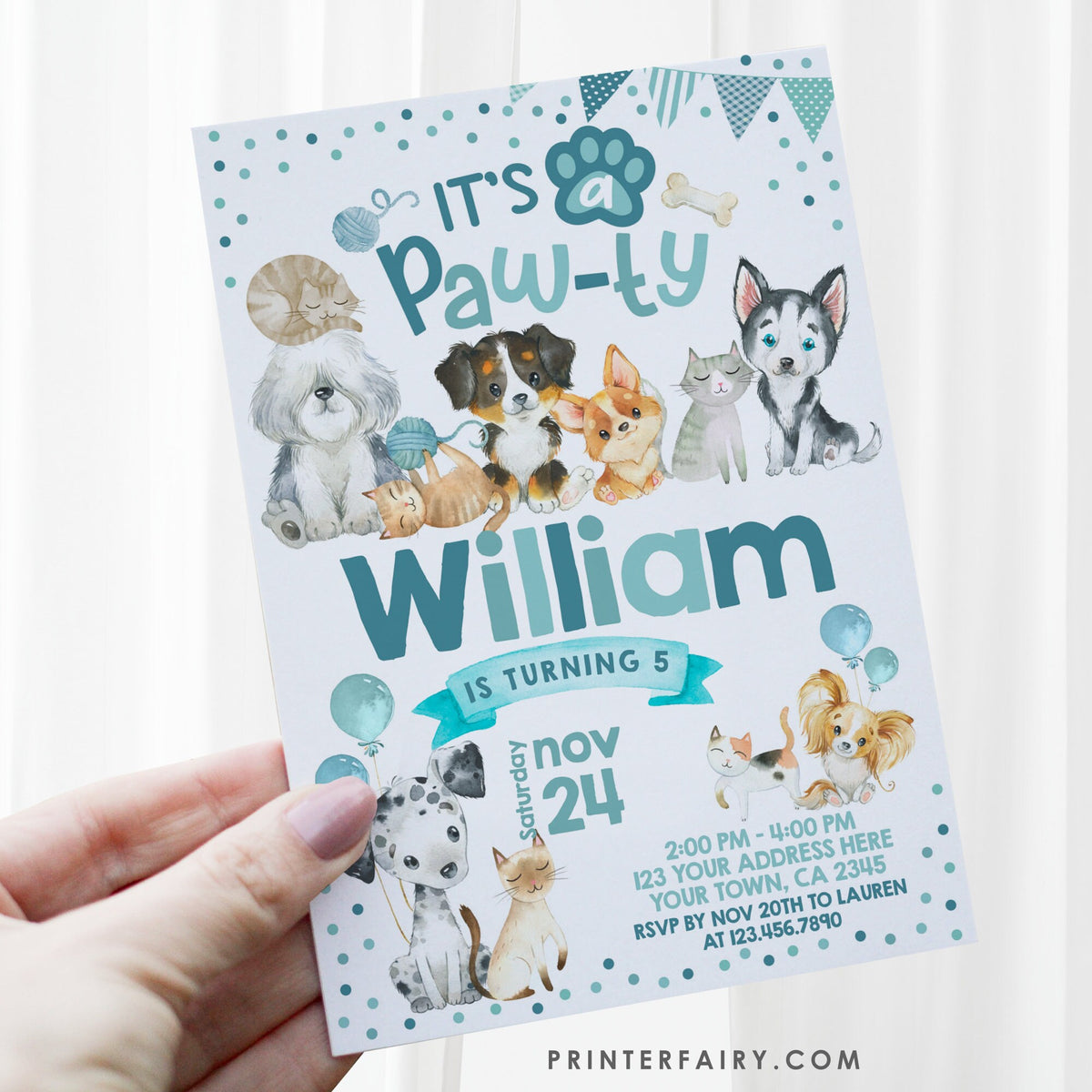 Puppies and Kitties Birthday Invitation, Pet Pawty (Instant Download)