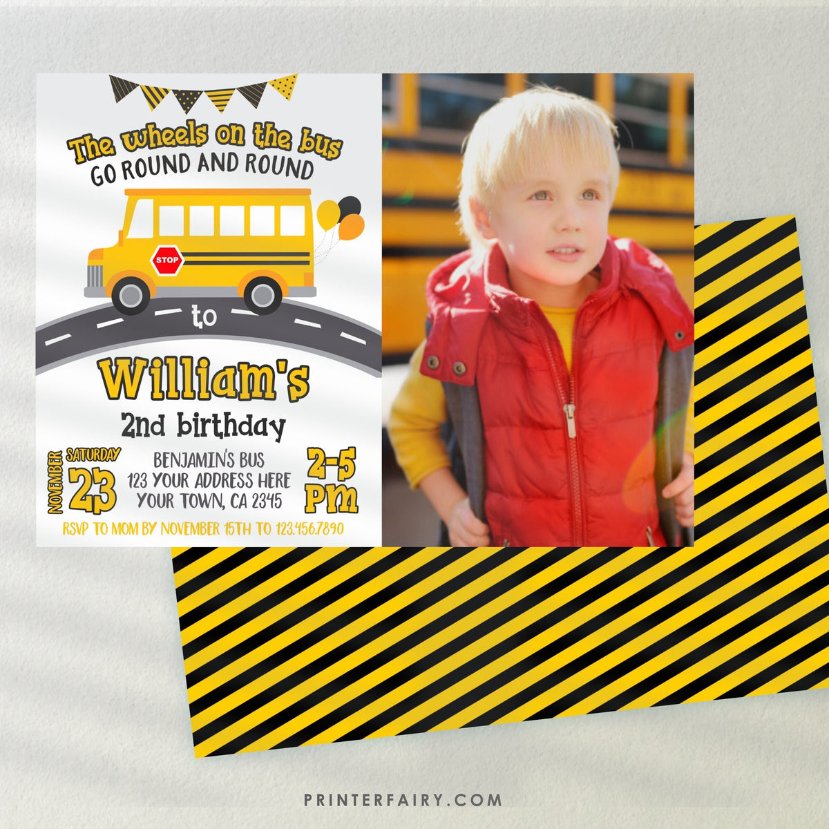 Wheels on the Bus Birthday Invitation, Editable Photo (Digital Download)
