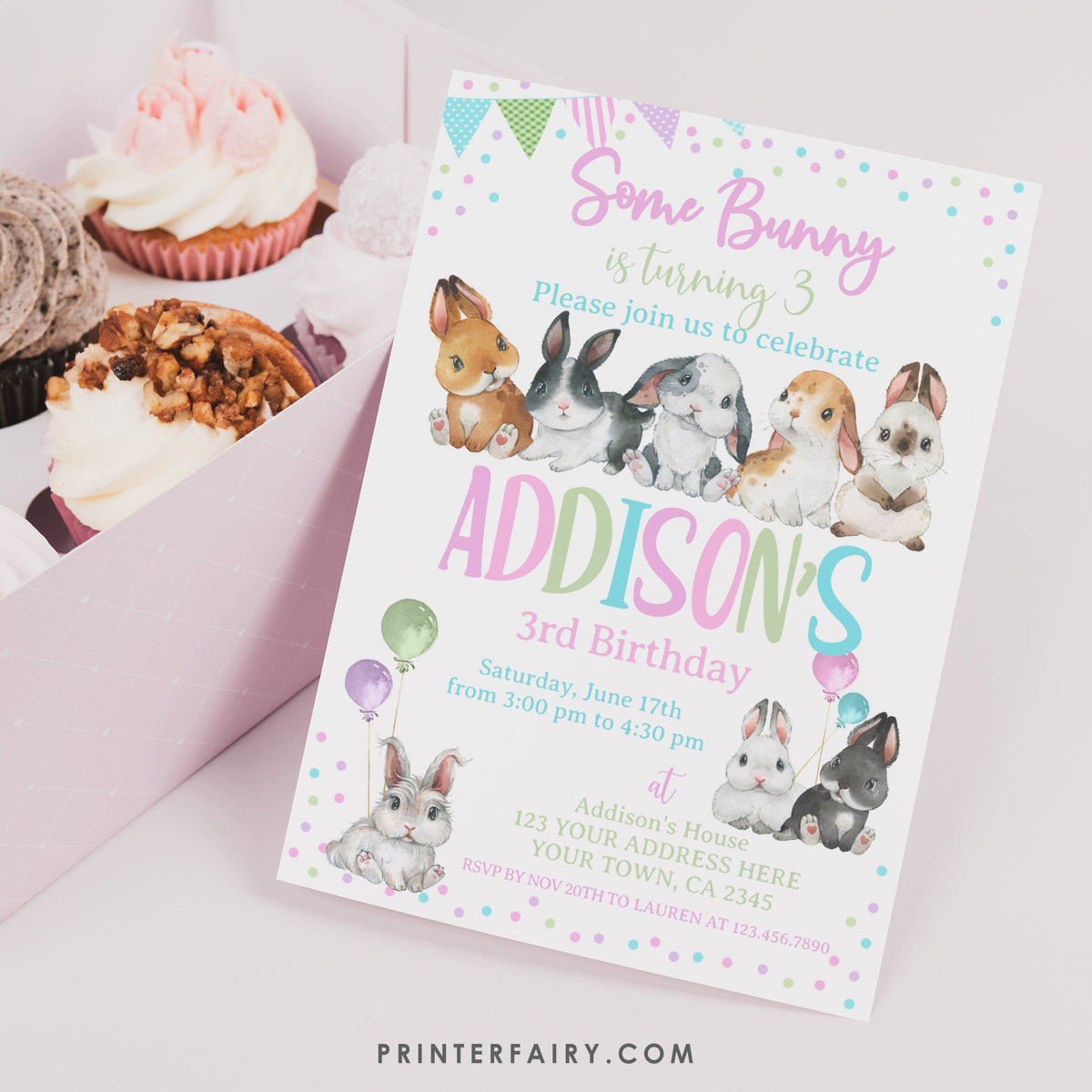 Bunny Birthday Invitation, Editable Rabbit Party (Digital Download)