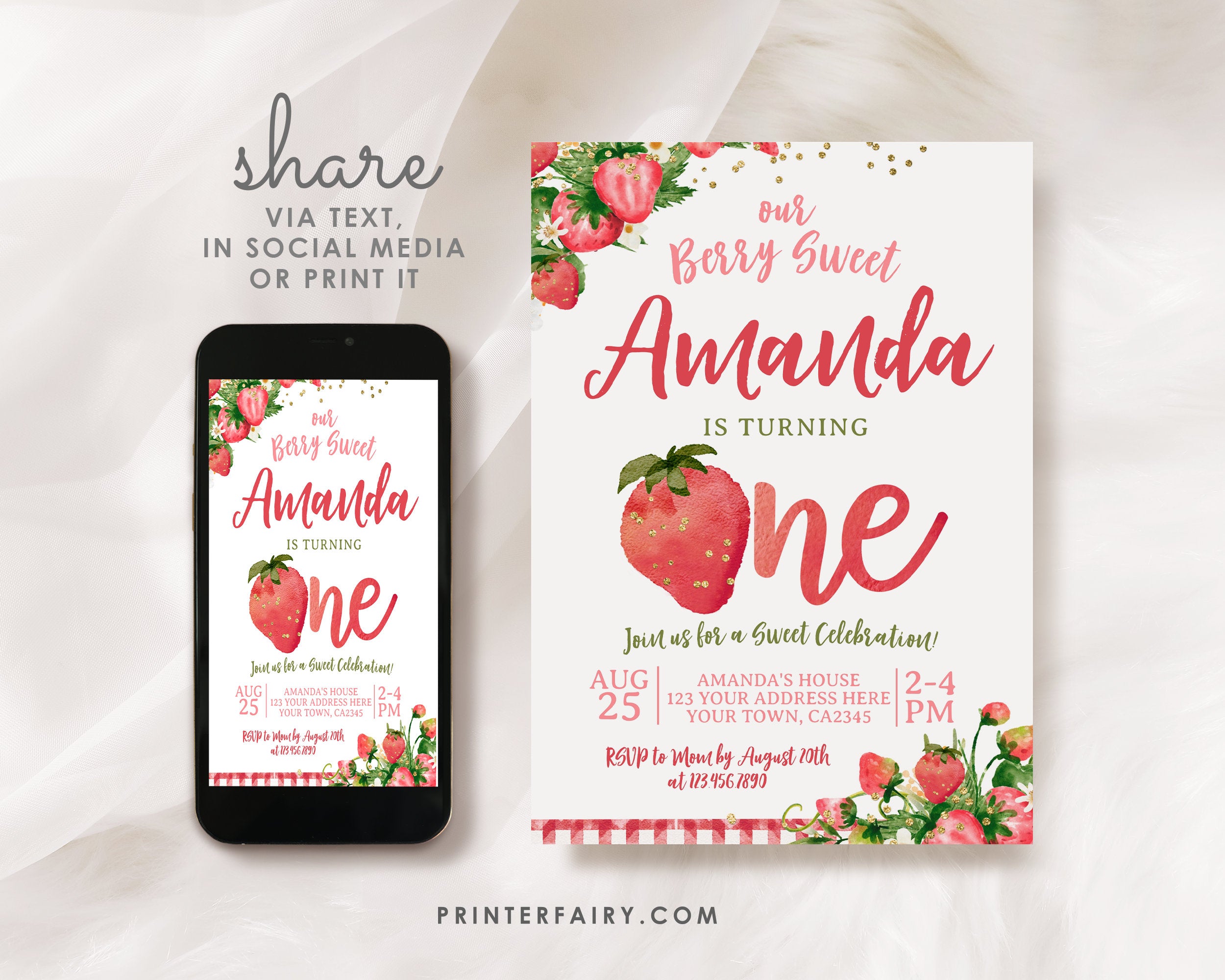 Strawberry First Birthday Invitation, Berry Sweet Floral Girl Invite (Digital Download)