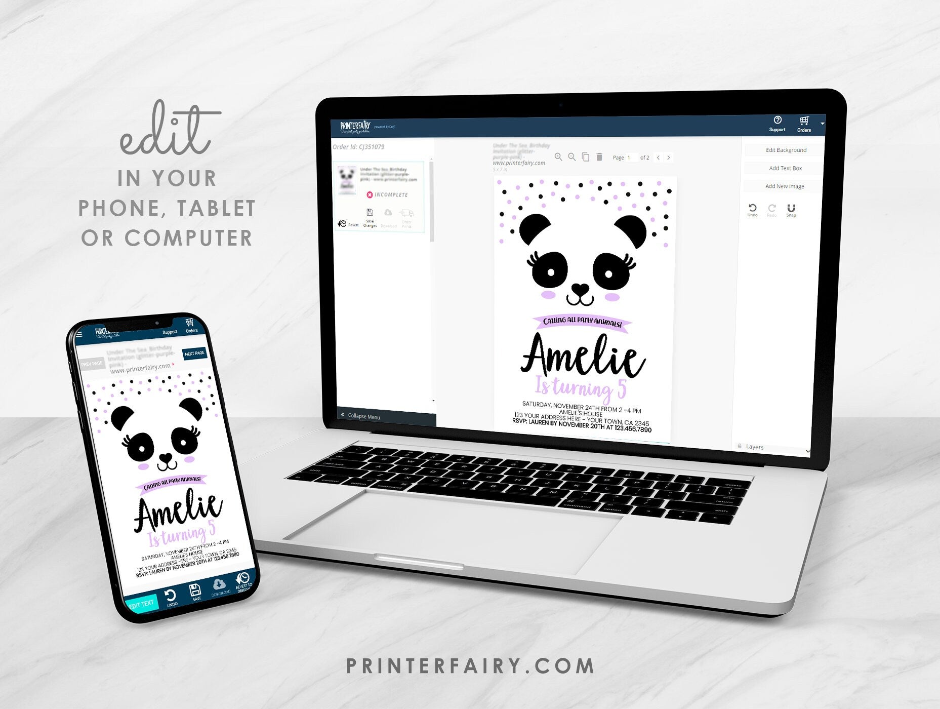 Panda Birthday Party Invitation Template, Black White & Purple, Edit Yourself, INSTANT DOWNLOAD