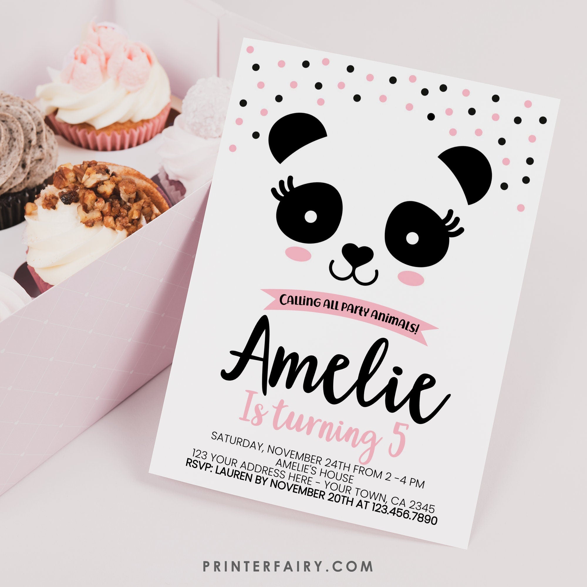 Panda Birthday Invitation Editable Template, Pink and Black, INSTANT DOWNLOAD