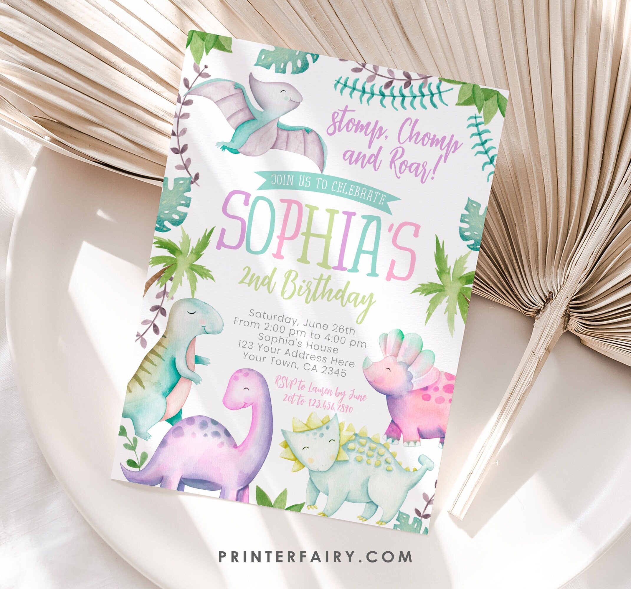 Editable Dinosaur Girl Birthday Invitation (Instant Download)