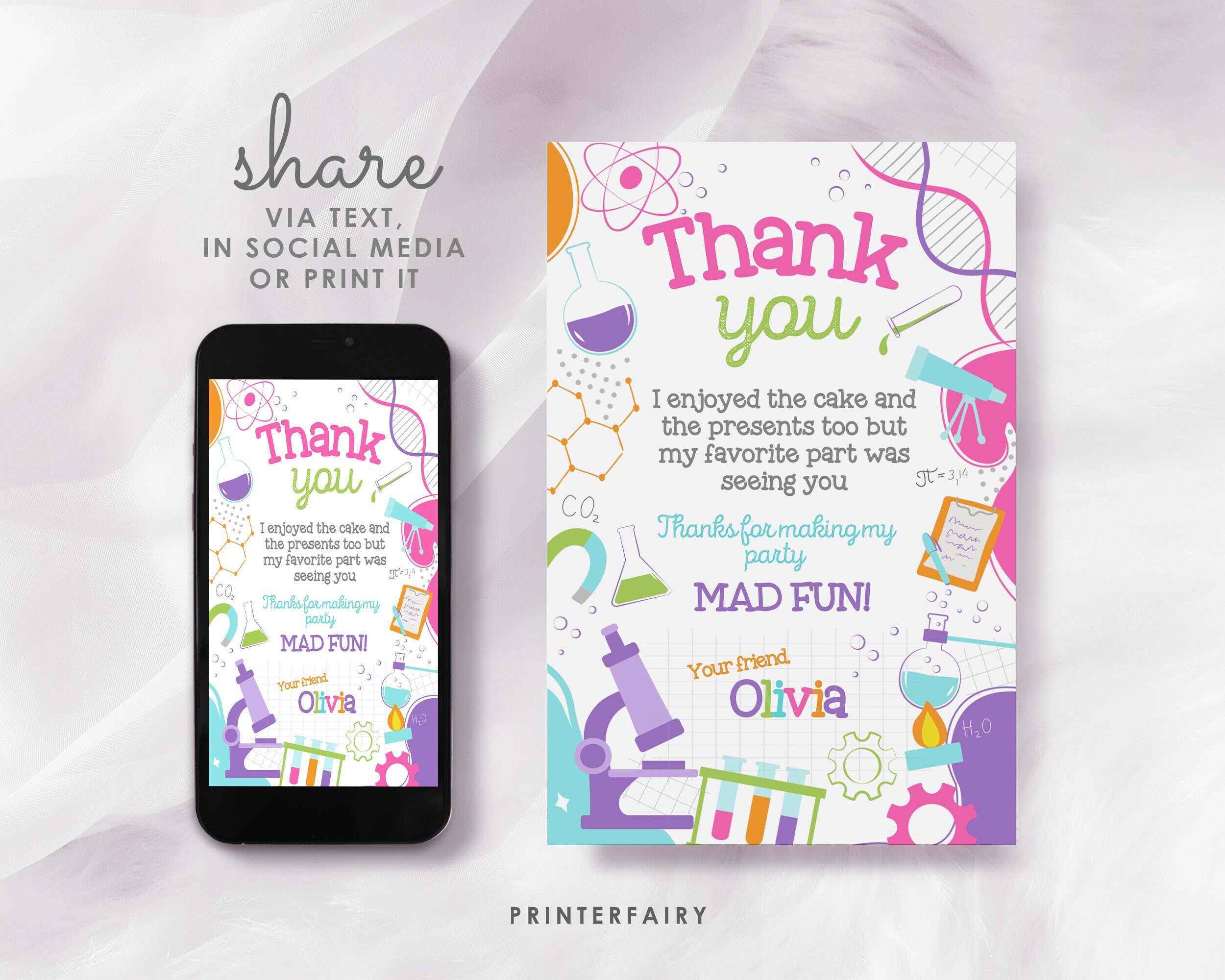 Editable Science Birthday Thank You Card (Digital Download)