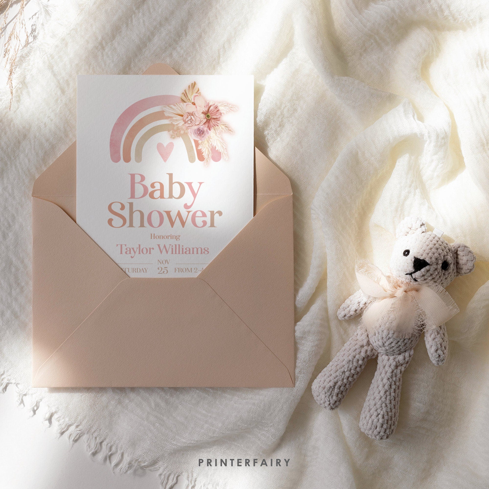 Boho Rainbow Baby Shower Invitation, Pastel Watercolor (Digital Download)