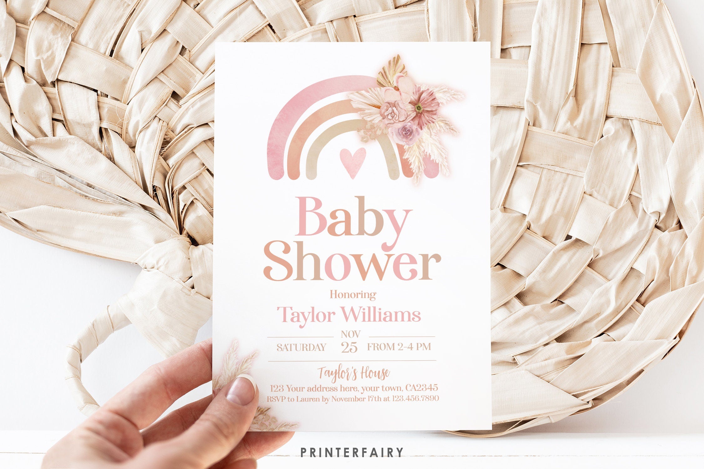 Boho Rainbow Baby Shower Invitation, Pastel Watercolor (Digital Download)