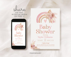 Boho Rainbow Baby Shower Invitation, Pastel Watercolor (Digital Download)
