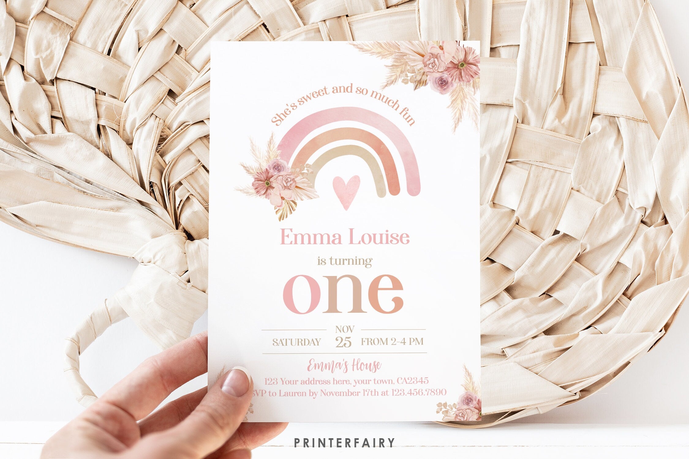 Editable Boho Rainbow First Birthday Invitation, Pastel Watercolor (Digital Item)