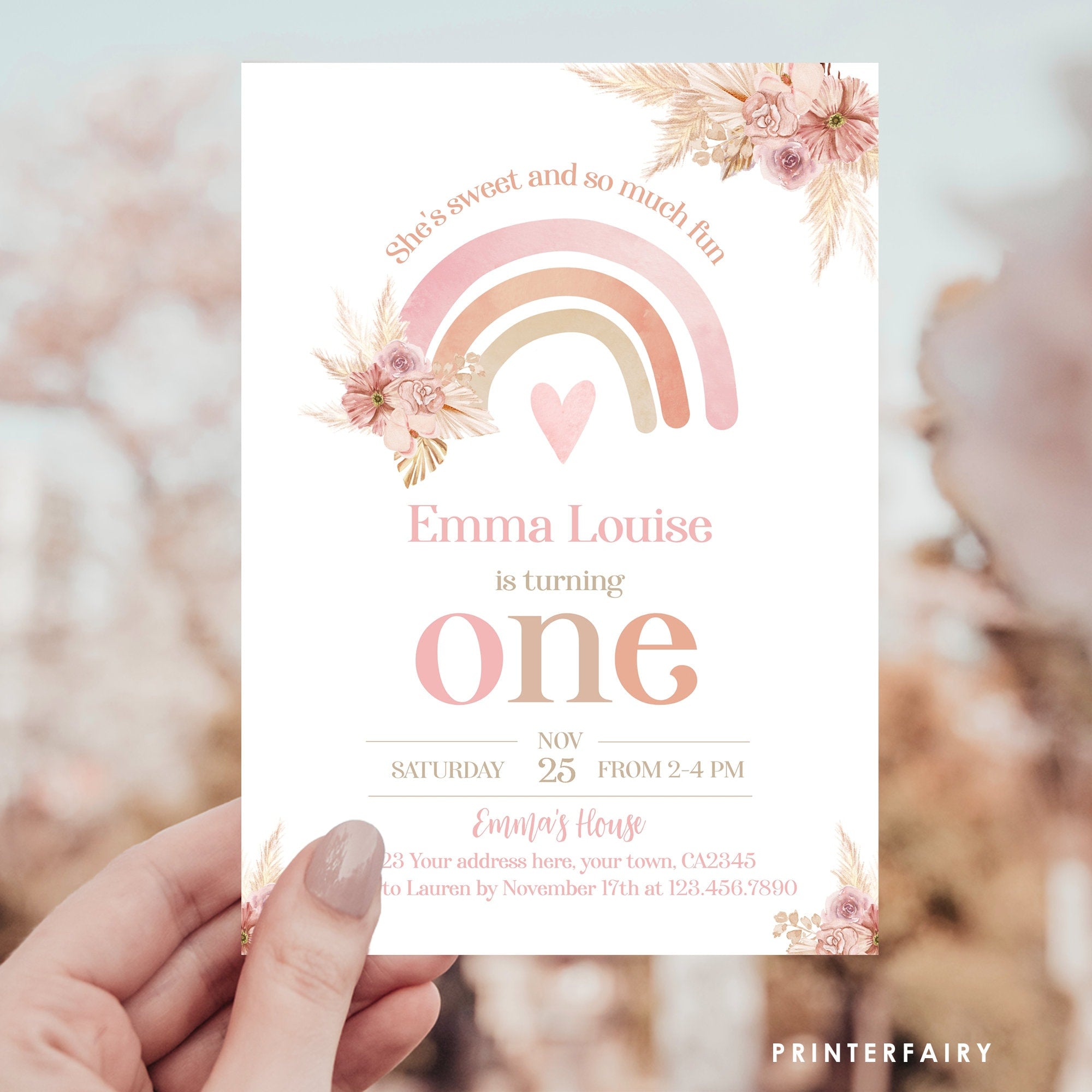 Editable Boho Rainbow First Birthday Invitation, Pastel Watercolor (Digital Item)