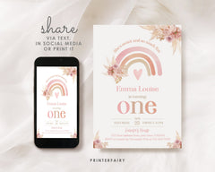 Editable Boho Rainbow First Birthday Invitation, Pastel Watercolor (Digital Item)