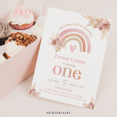 Editable Boho Rainbow First Birthday Invitation, Pastel Watercolor (Digital Item)