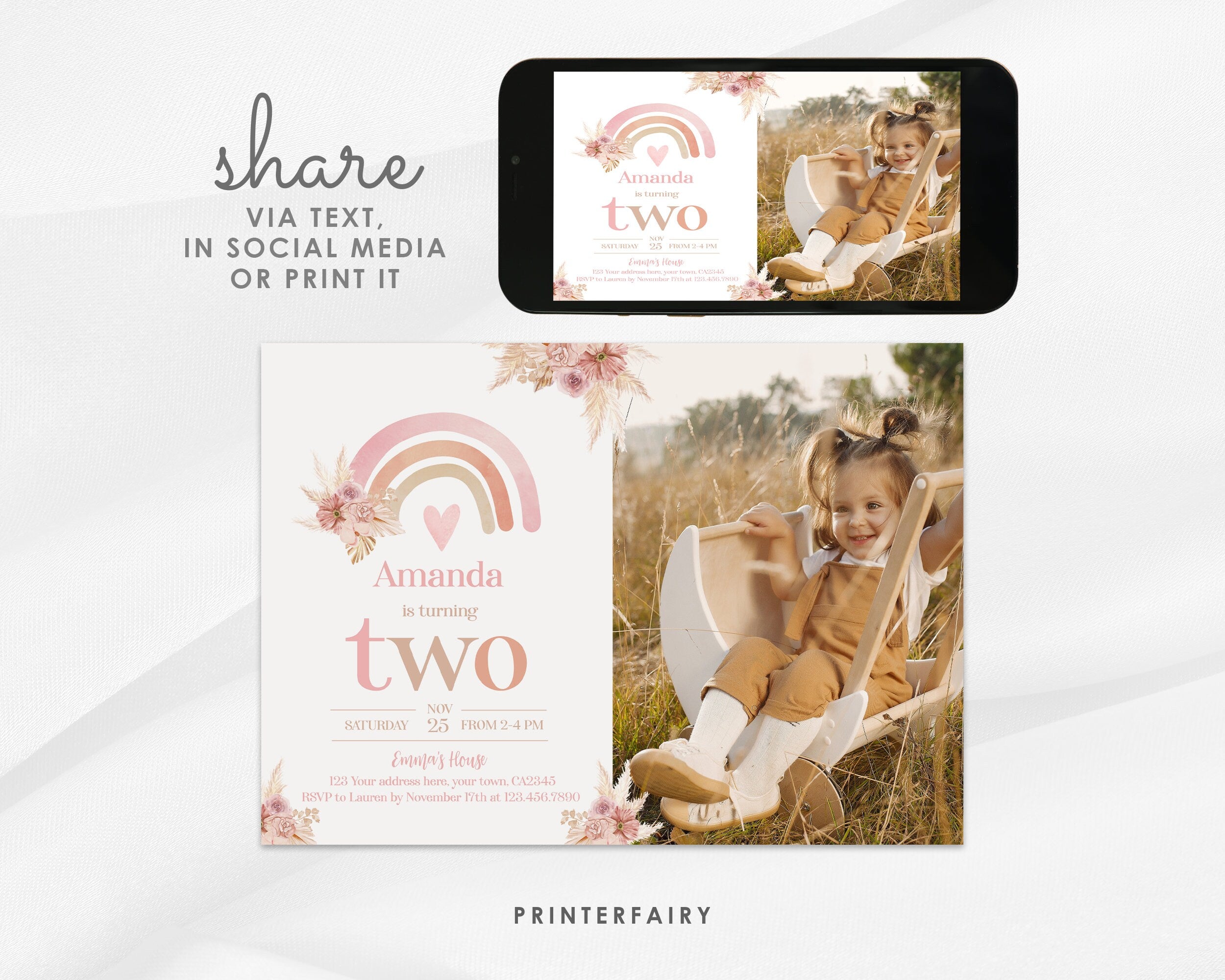 Boho Rainbow 2nd Birthday Invitation with Photo, Pastel Watercolor (Editable in Corjl)