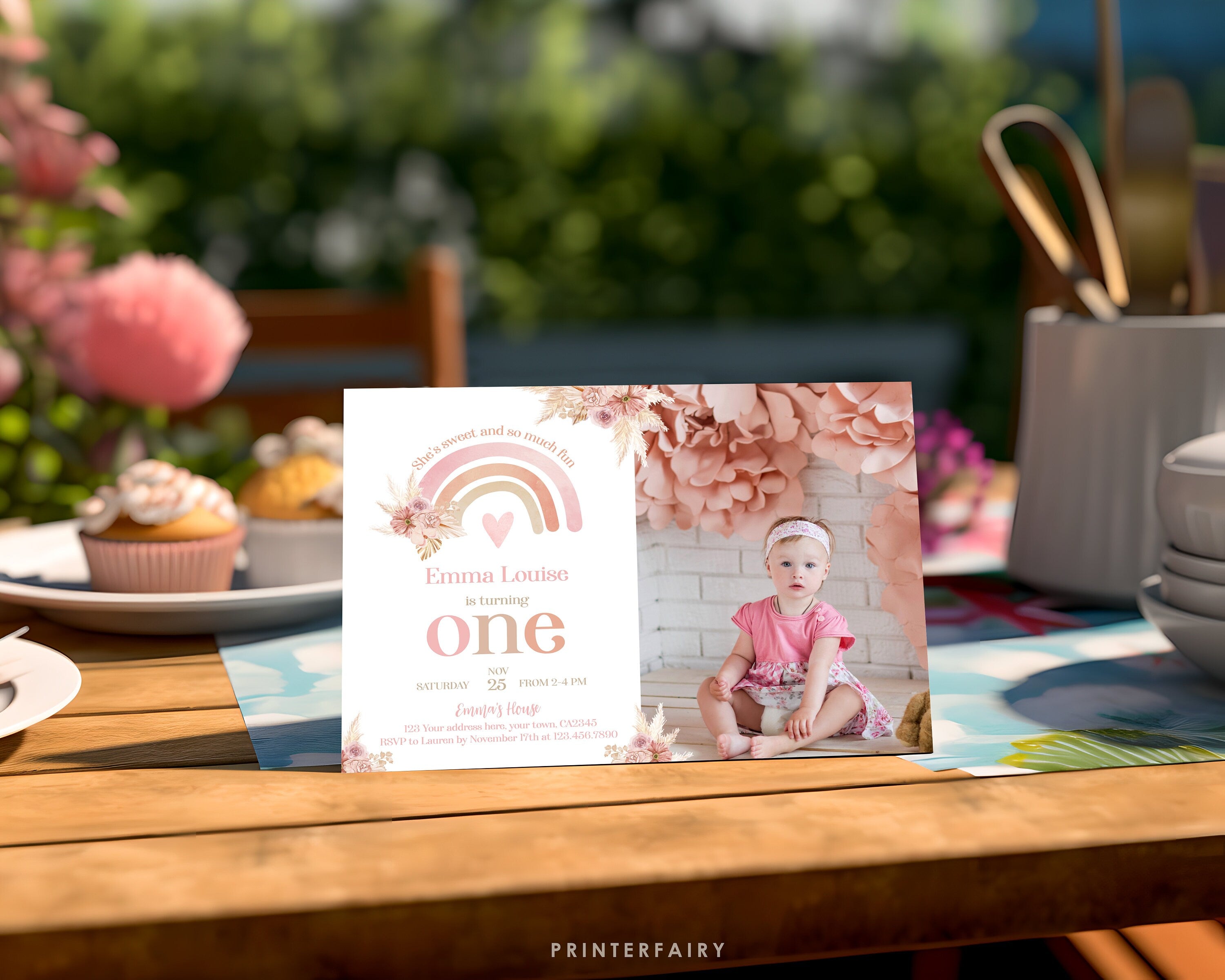 Boho Rainbow 2nd Birthday Invitation with Photo, Pastel Watercolor (Editable in Corjl)