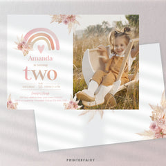 Boho Rainbow 2nd Birthday Invitation with Photo, Pastel Watercolor (Editable in Corjl)