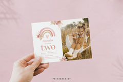 Boho Rainbow 2nd Birthday Invitation with Photo, Pastel Watercolor (Editable in Corjl)