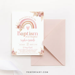 Boho Rainbow Baptism Invitation, Pastel Watercolor (Editable in Corjl)