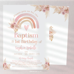 Boho Rainbow Baptism & Birthday Invitation Editable Template, Pastel Watercolor, Pink Boho, Pampas Grass Christening, INSTANT DOWNLOAD