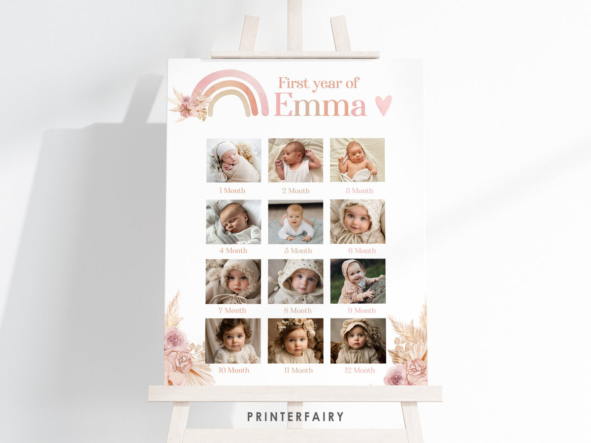 Boho Rainbow First Birthday Photo Board, Pastel Watercolor (Editable Digital)