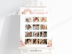 Boho Rainbow First Birthday Photo Board, Pastel Watercolor (Editable Digital)