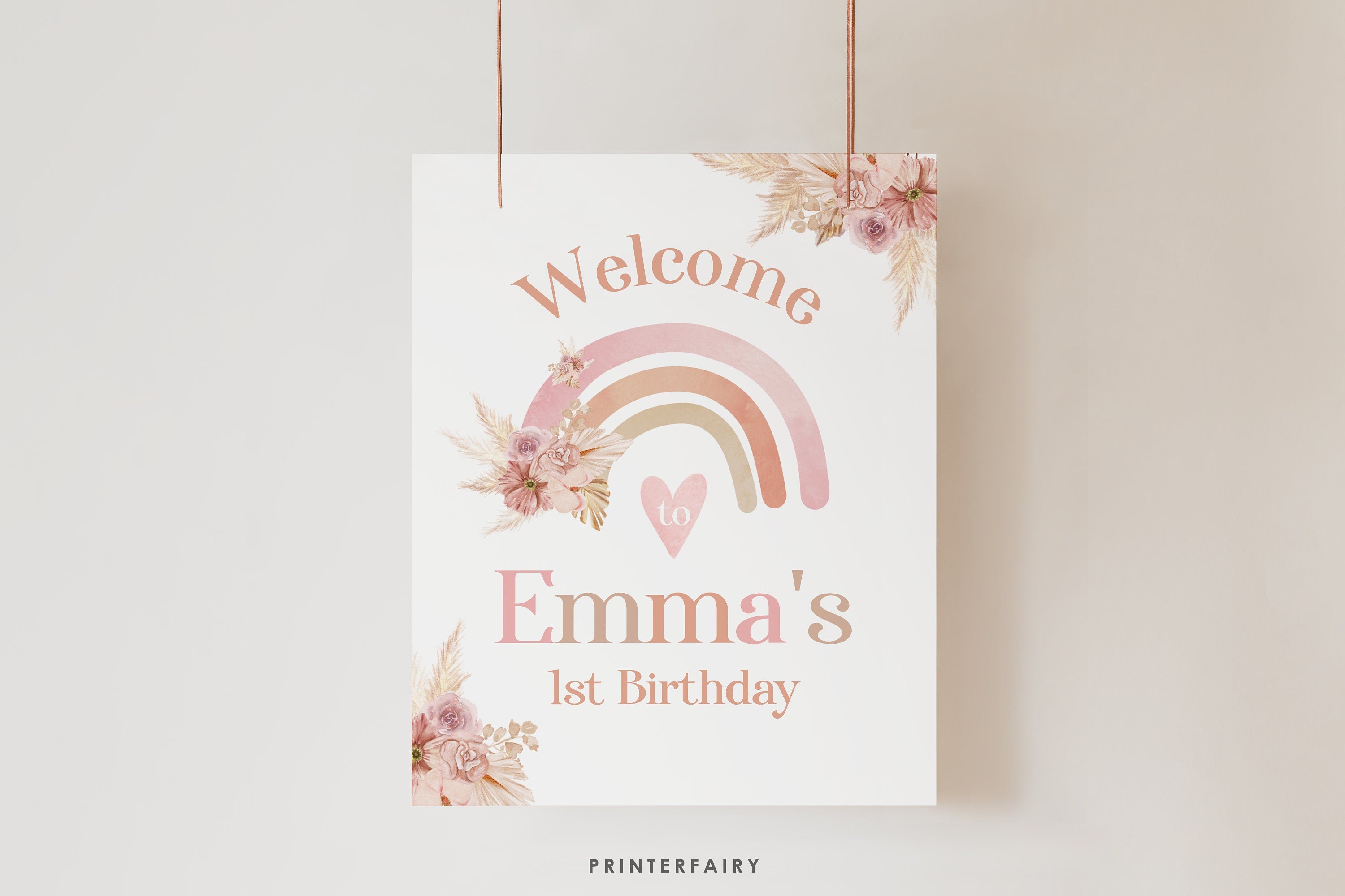 Boho Rainbow Welcome Sign, Pastel Watercolor Decor, Pampas Party (Digital Download)