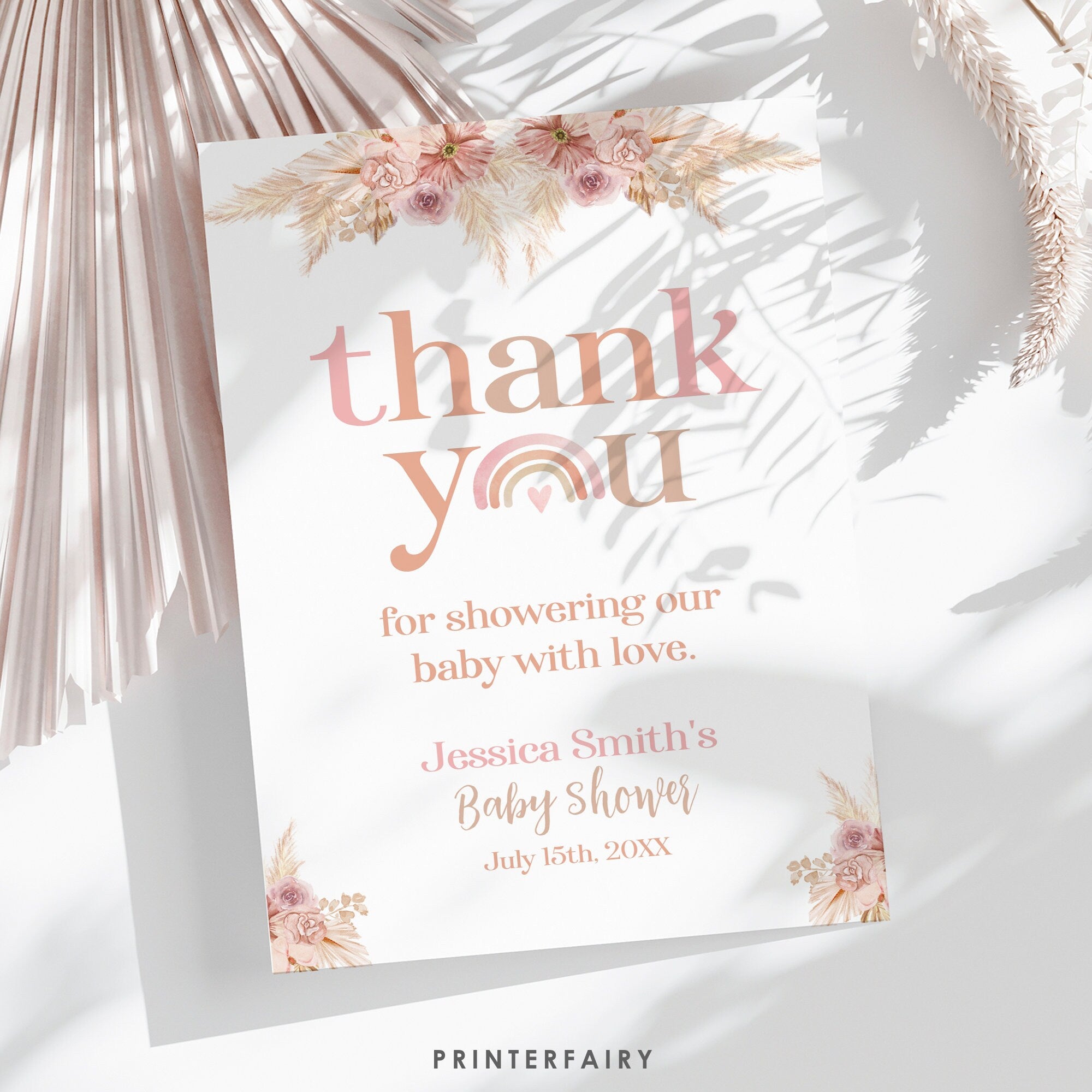 Editable Boho Rainbow Thank You Card, Baby Shower (Digital Item)