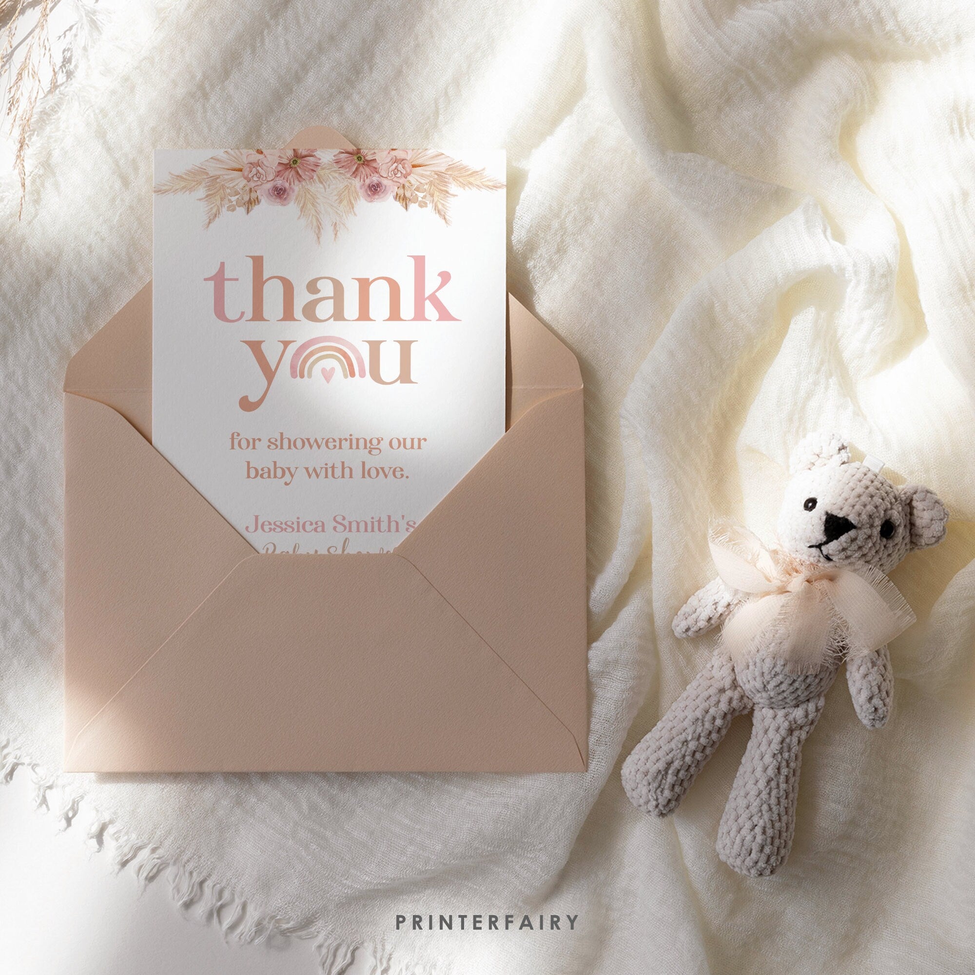 Editable Boho Rainbow Thank You Card, Baby Shower (Digital Item)