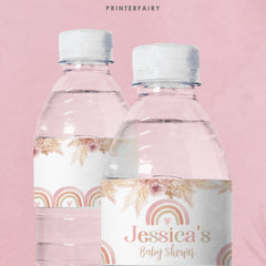 Rainbow Birthday Water Bottle Labels, Boho Pastel Watercolor, Pampas Party, Boho, Editable in Corjl