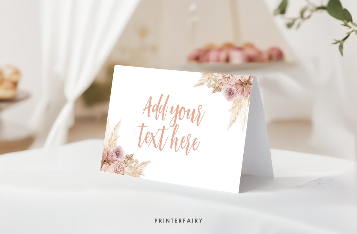 Boho Food Tent Cards, Editable Pastel Watercolor, Pampas Wedding Place Cards (Digital Item)