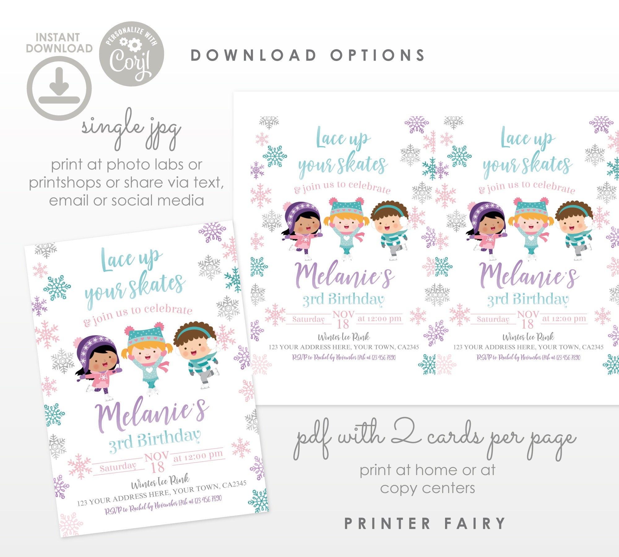 Ice Skating Birthday Invitation, Winter Wonderland, Editable (Digital Download)