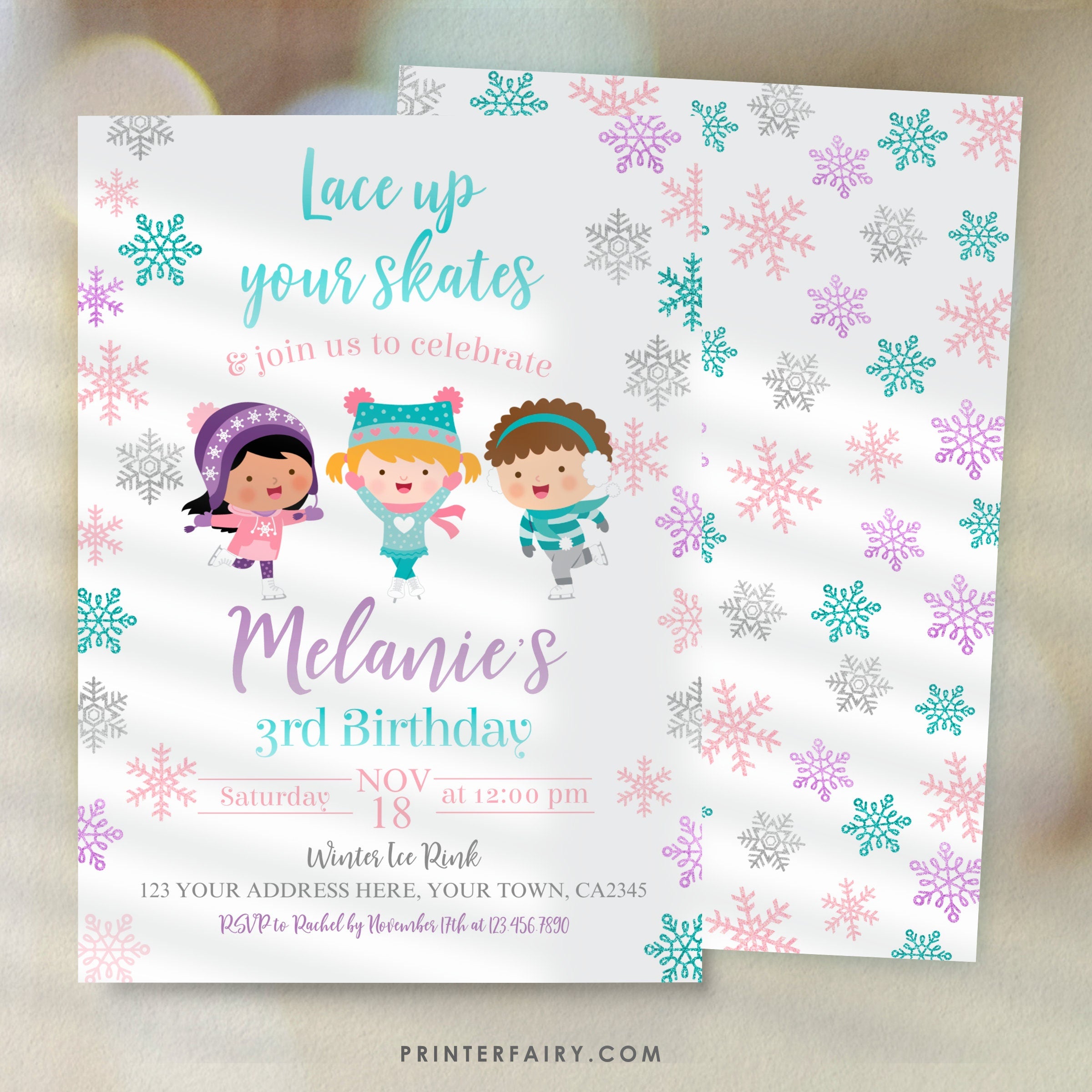 Ice Skating Birthday Invitation, Winter Wonderland, Editable (Digital Download)
