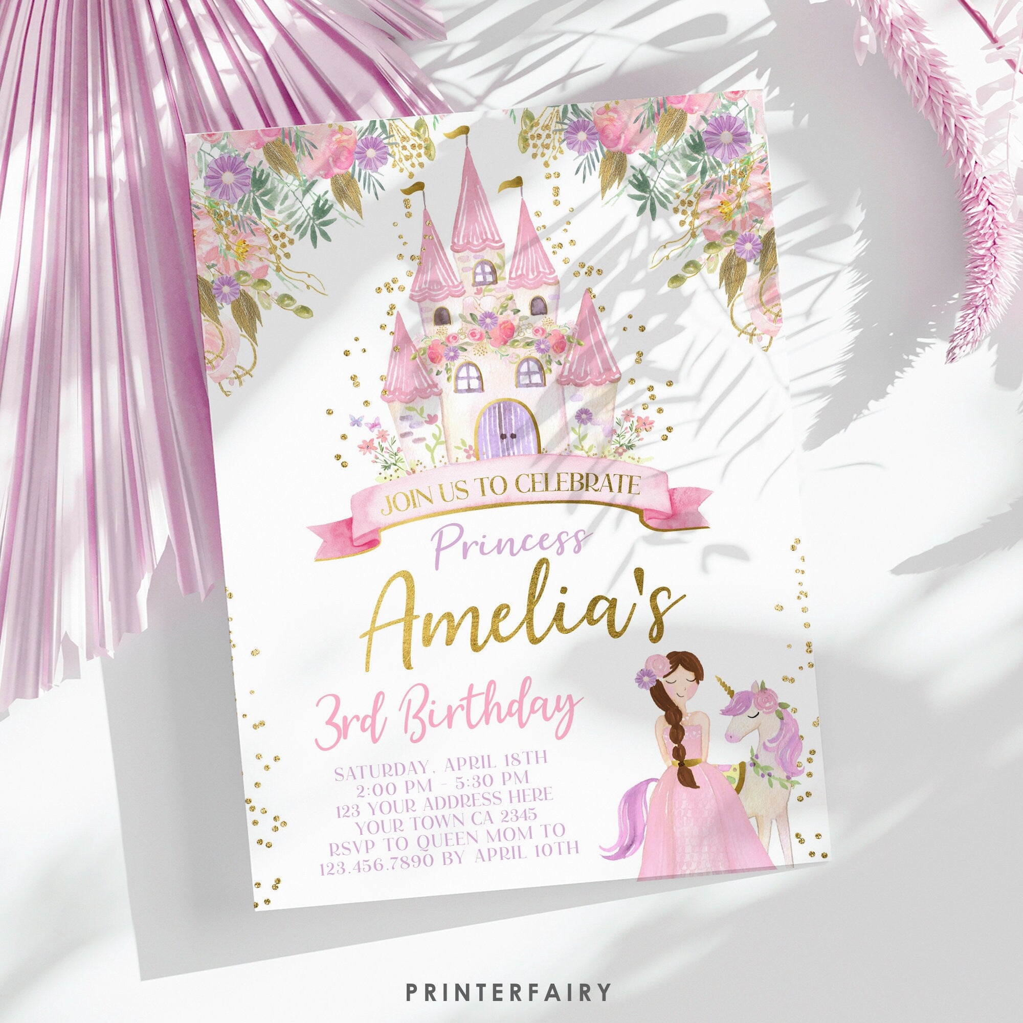 Editable Princess Birthday Invitation, Castle Party (Digital Download)