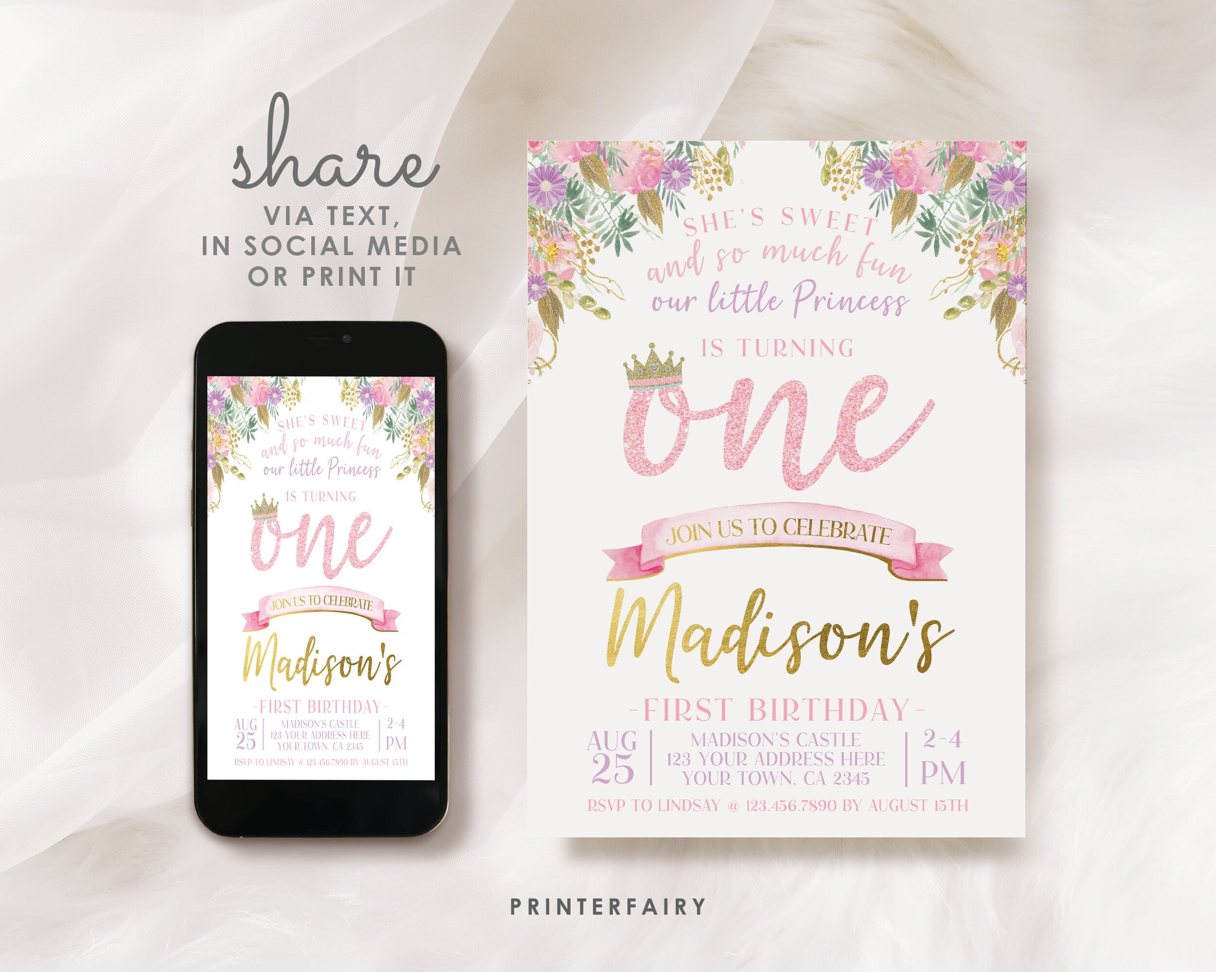 Princess First Birthday Invitation, Royal EDITABLE (Digital Download)